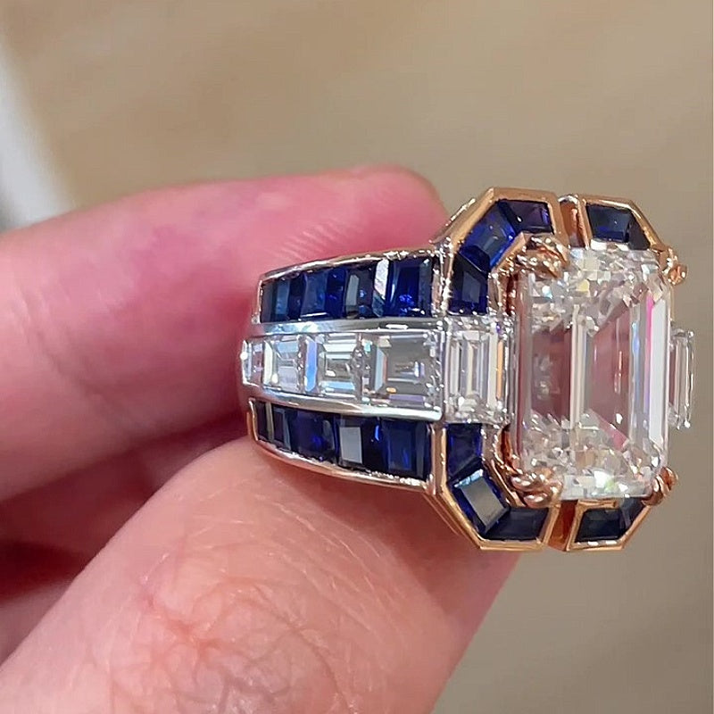 Jzora Handmade Classic Emerald Cut with Sapphire Accents Men's Ring
