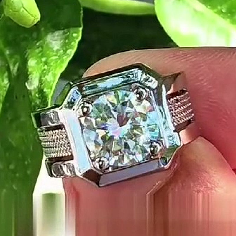 Jzora Handmade Luxury Square Halo Bold Round Moissanite Men’s Heavy Band Ring