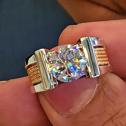 Jzora Handmade Bold Two‑Tone Round Cut Moissanite Textured Shank Men’s Ring