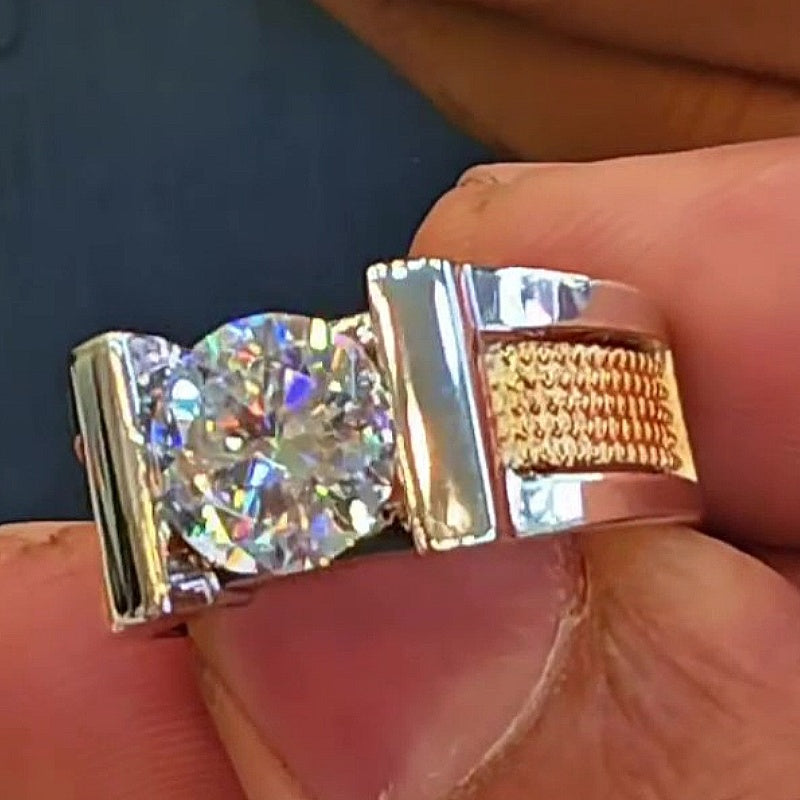 Jzora Handmade Bold Two‑Tone Round Cut Moissanite Textured Shank Men’s Ring