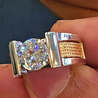 Jzora Handmade Bold Two‑Tone Round Cut Moissanite Textured Shank Men’s Ring