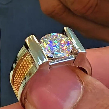 Jzora Handmade Bold Two‑Tone Round Cut Moissanite Textured Shank Men’s Ring