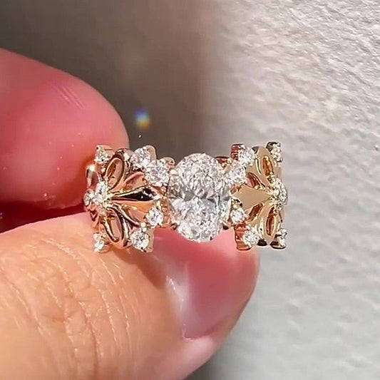 Jzora Handmade Delicate Openwork Iris Flower Oval CZ Women‘s Engagement Ring
