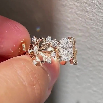 Jzora Handmade Delicate Openwork Iris Flower Oval CZ Women‘s Engagement Ring