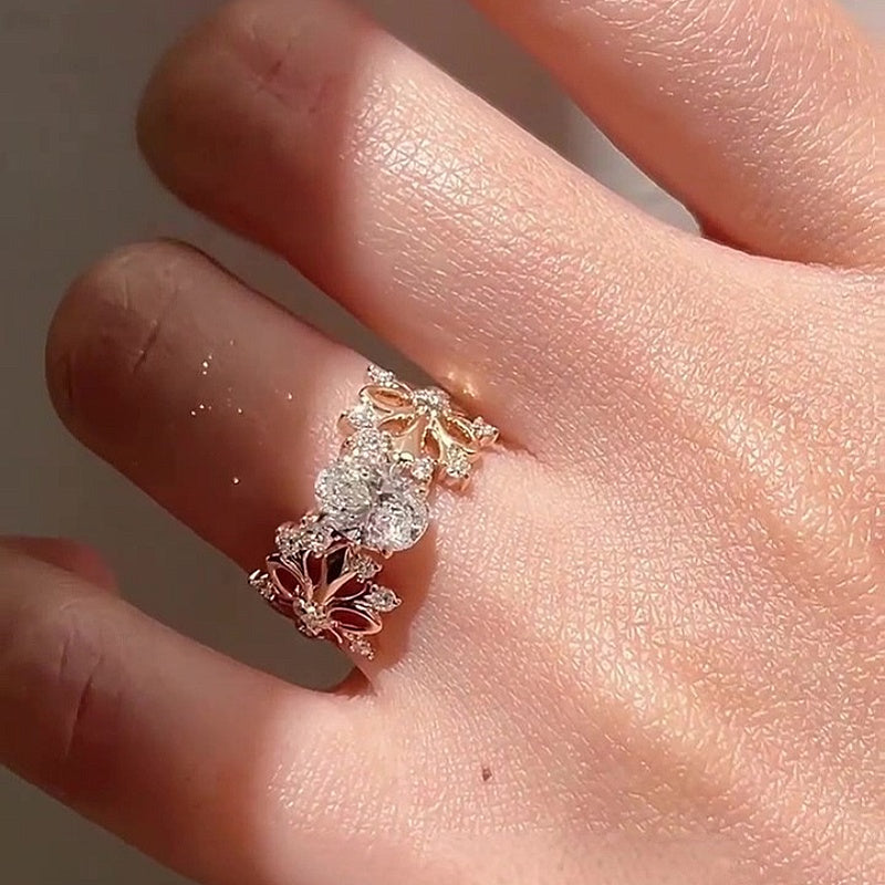 Jzora Handmade Delicate Openwork Iris Flower Oval CZ Women‘s Engagement Ring