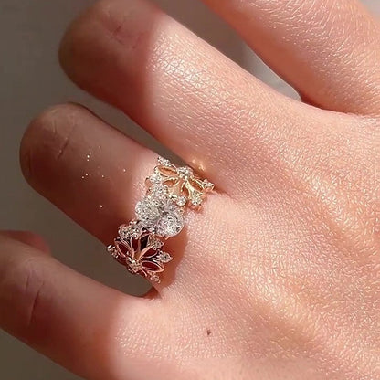 Jzora Handmade Delicate Openwork Iris Flower Oval CZ Women‘s Engagement Ring