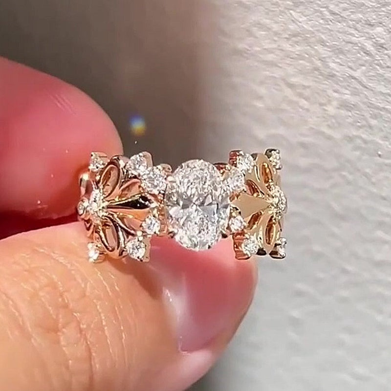 Jzora Handmade Delicate Openwork Iris Flower Oval CZ Women‘s Engagement Ring