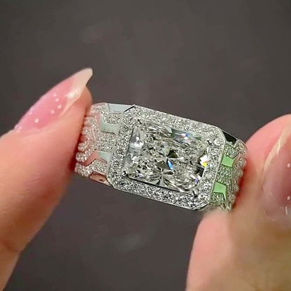 Jzora Handmade Modern Radiant‑Cut CZ Halo Men’s Wedding & Business Statement Ring