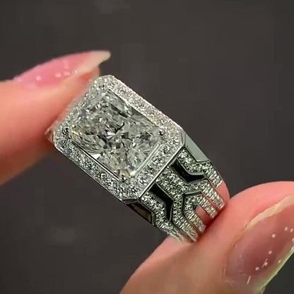 Jzora Handmade Modern Radiant‑Cut CZ Halo Men’s Wedding & Business Statement Ring