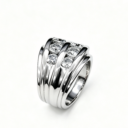 Jzora Handmade Bold Twisted Multi-Layer Channel Set Round CZ Men’s Statement Ring
