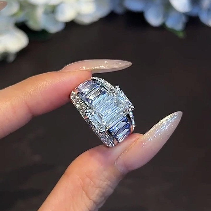 Jzora Handmade Bold 7CT Emerald Cut CZ with Baguette Blue Sapphire Accent Men’s Ring