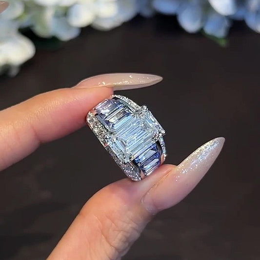Jzora Handmade Bold 7CT Emerald Cut CZ with Baguette Accent Fashion Ring
