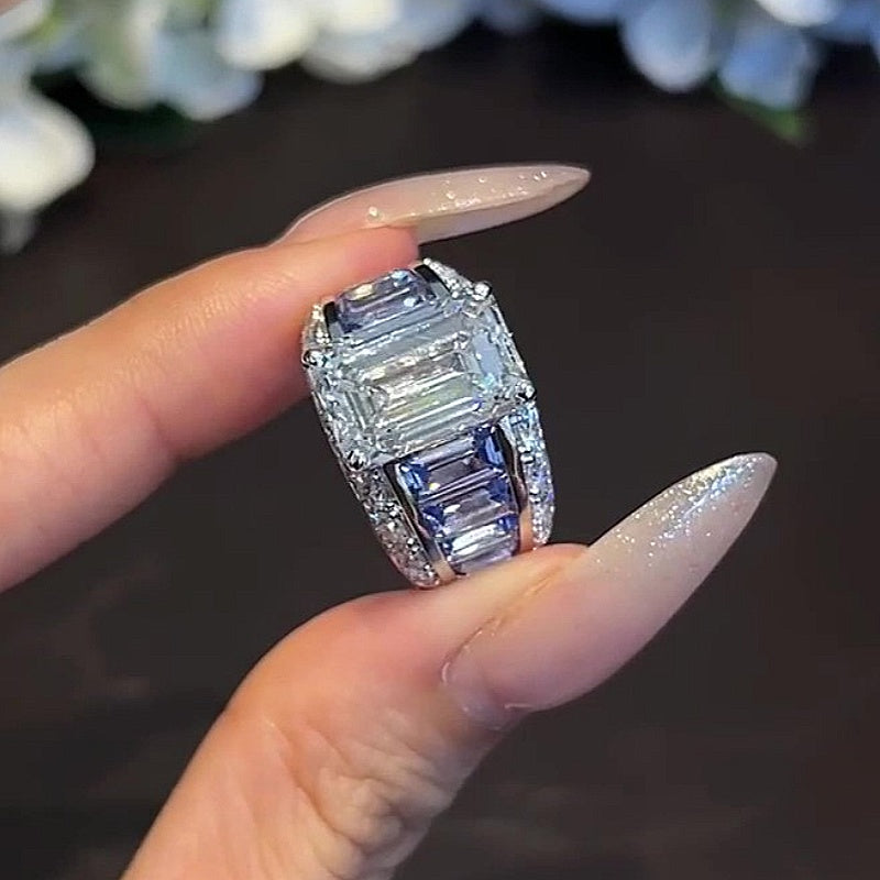 Jzora Handmade Bold 7CT Emerald Cut CZ with Baguette Blue Sapphire Accent Men’s Ring