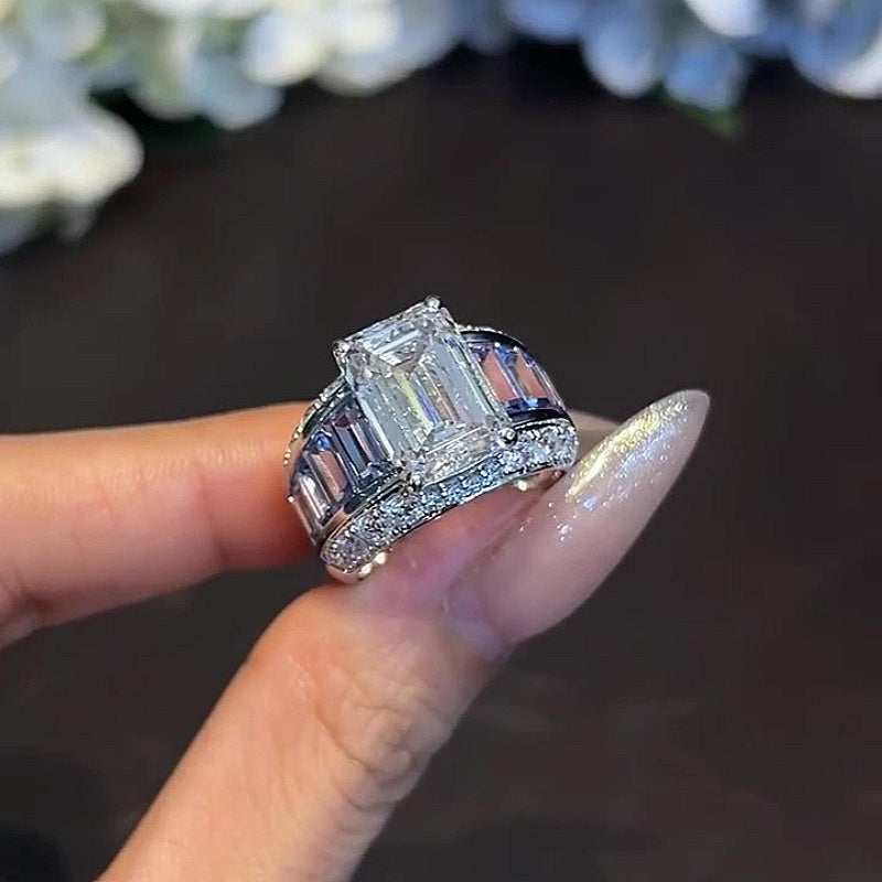 Jzora Handmade Bold 7CT Emerald Cut CZ with Baguette Blue Sapphire Accent Men’s Ring
