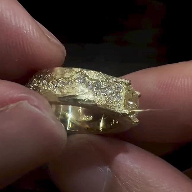 Jzora Handmade Raw Rugged Princess CZ Chunky Wide Men’s Vintage Ring
