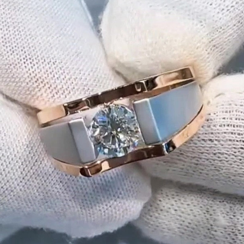 Jzora Handmade Two-Tone Classic Round Solitaire Moissanite Men’s Ring