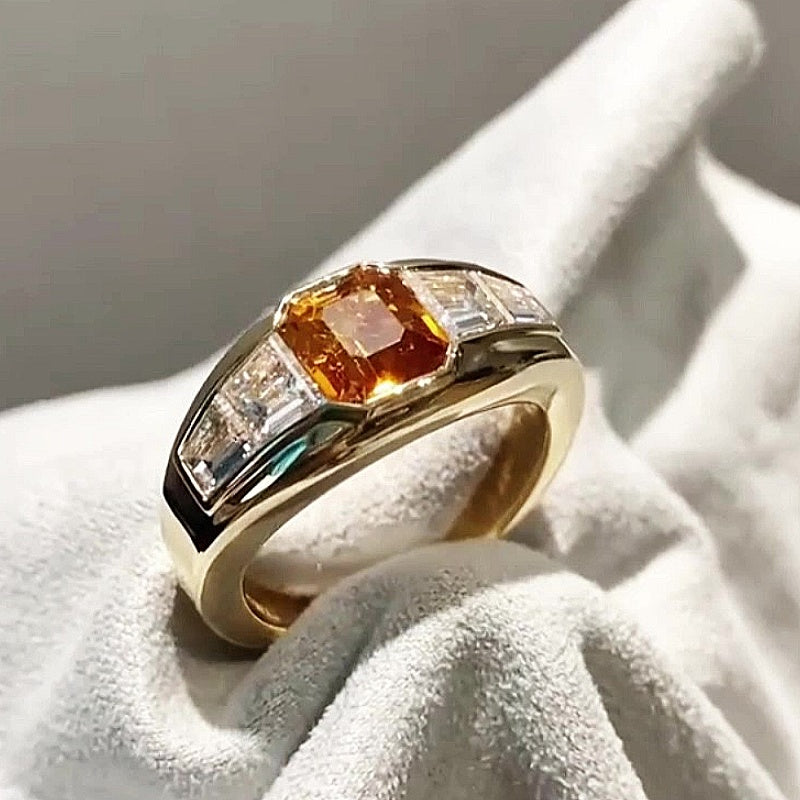 Jzora Handmade Synthetic Yellow Corundum Channel Set Chunky Wide Men’s Ring