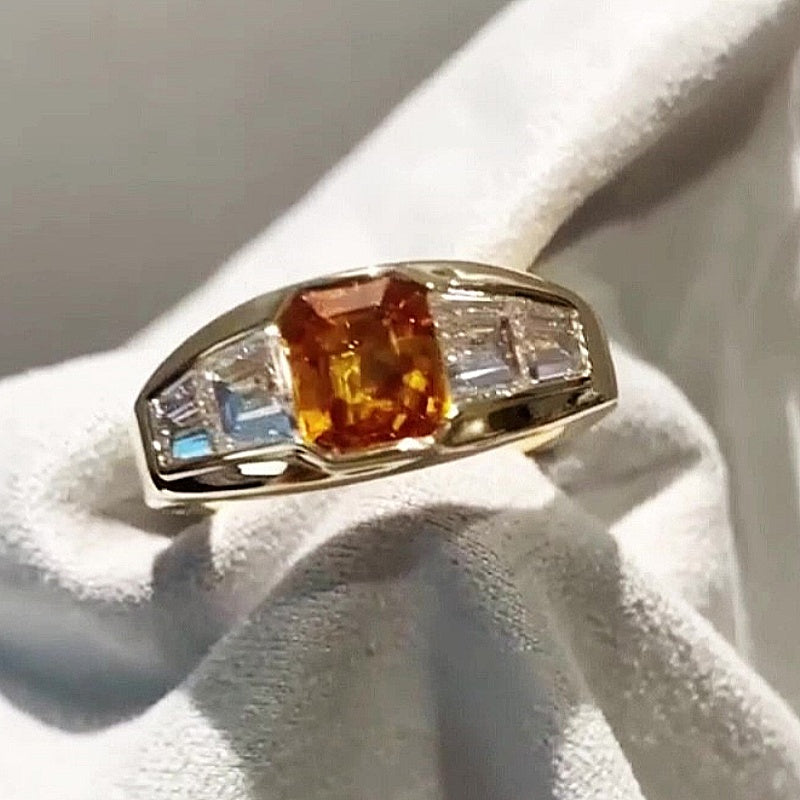 Jzora Handmade Synthetic Yellow Corundum Channel Set Chunky Wide Men’s Ring