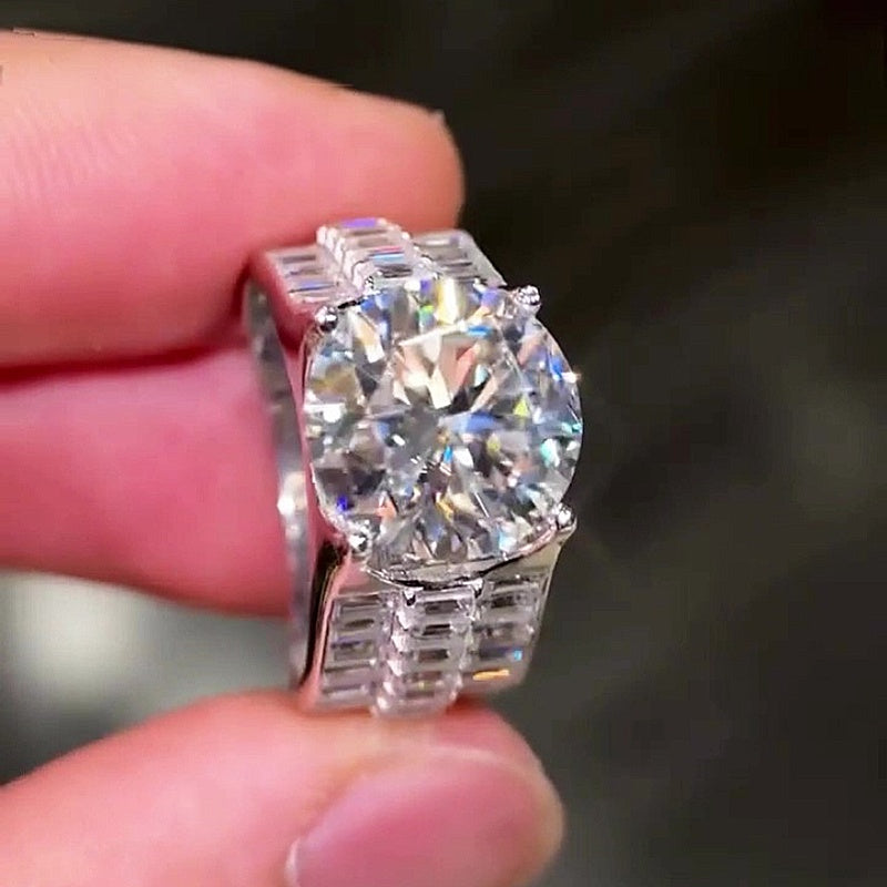 Jzora Handmade Chunky Wide Round Brilliant Moissanite Baguette Accent Men’s Sparkling Ring