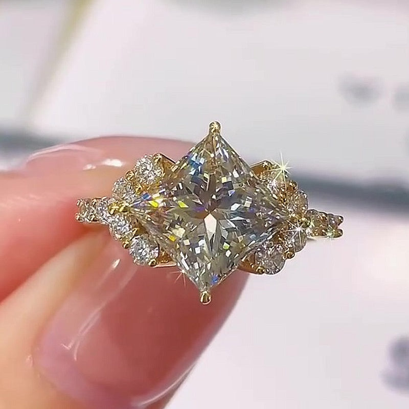 Jzora Handmade Princess Cut Moissanite Floral Halo Fashion Promise Ring
