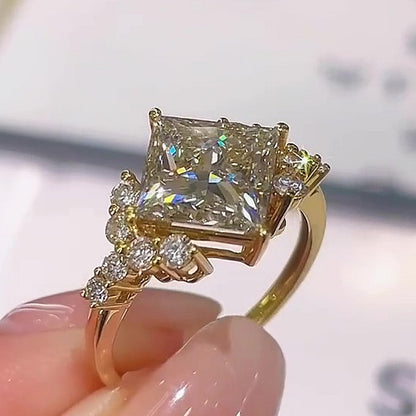 Jzora Handmade Princess Cut Moissanite Floral Halo Fashion Promise Ring