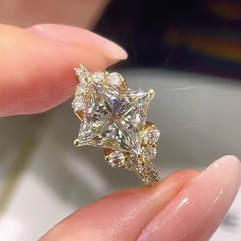 Jzora Handmade Princess Cut Moissanite Floral Halo Fashion Promise Ring