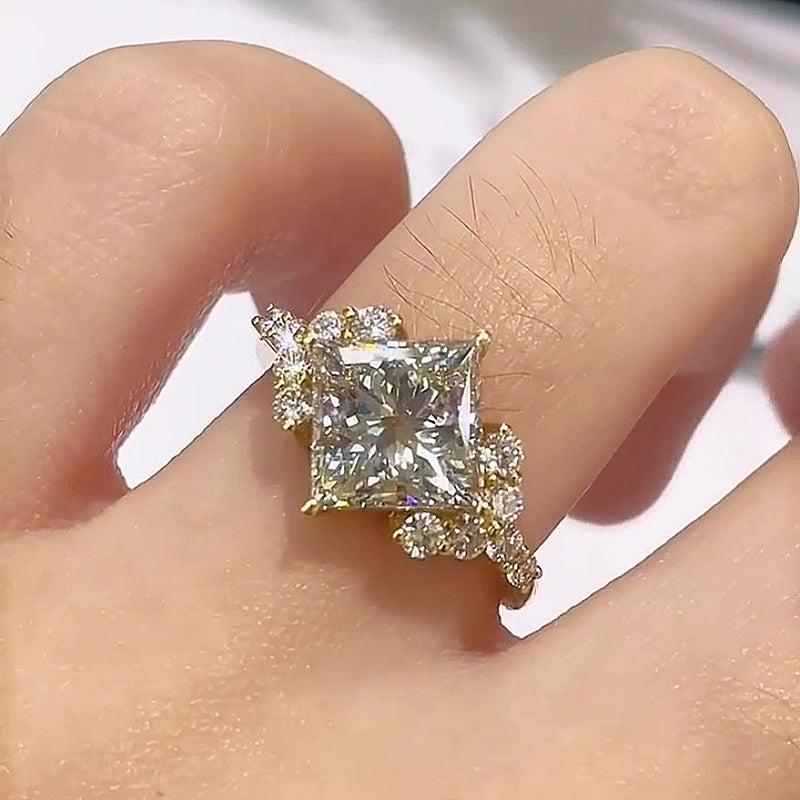 Jzora Handmade Princess Cut Moissanite Floral Halo Fashion Promise Ring