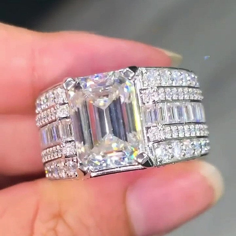 Jzora Handmade Emerald Cut Multi-Row Pave Baguette Chunky Wide Men’s Statement Ring