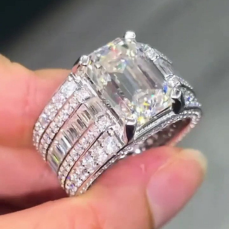 Jzora Handmade Emerald Cut Multi-Row Pave Baguette Chunky Wide Men’s Statement Ring