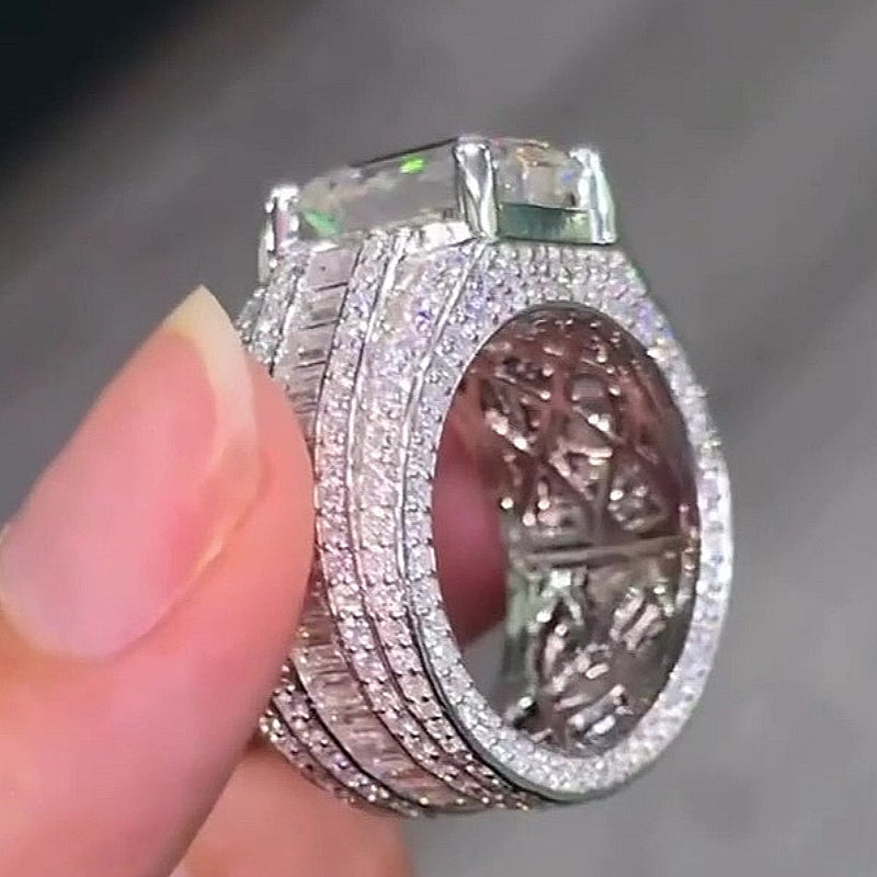 Jzora Handmade Emerald Cut Multi-Row Pave Baguette Chunky Wide Men’s Statement Ring