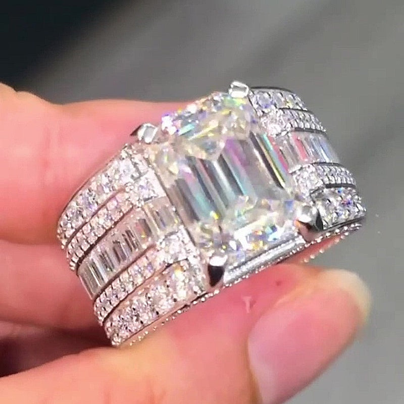 Jzora Handmade Emerald Cut Multi-Row Pave Baguette Chunky Wide Men’s Statement Ring
