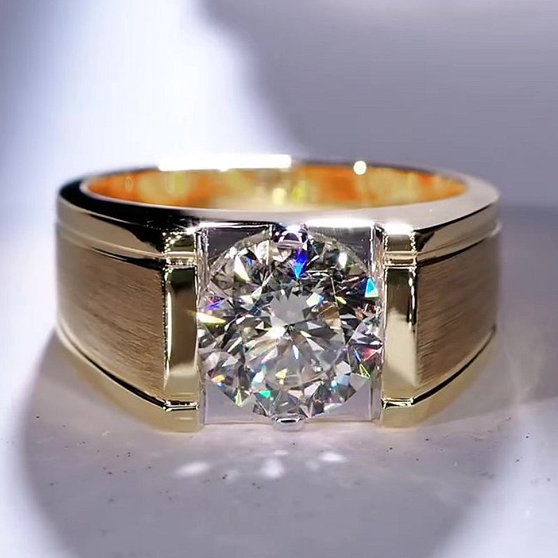 Jzora Handmade Round Brilliant Moissanite Brushed Finish Chunky Wide Gold Tone Men’s Ring