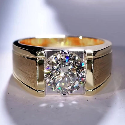 Jzora Handmade Round Brilliant Moissanite Brushed Finish Chunky Wide Gold Tone Men’s Ring