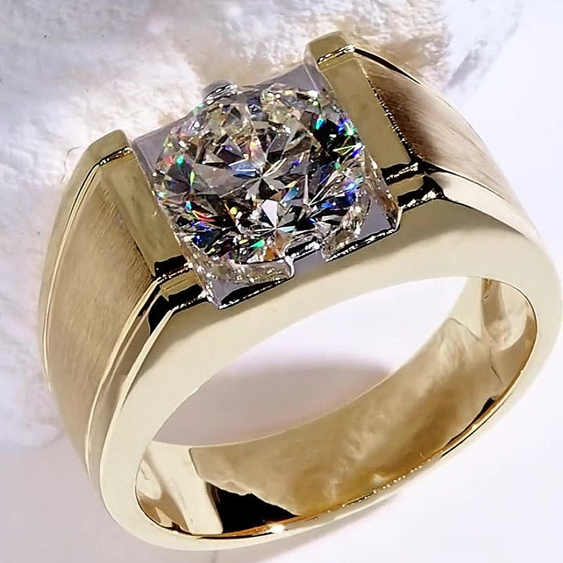Jzora Handmade Round Brilliant Moissanite Brushed Finish Chunky Wide Gold Tone Men’s Ring