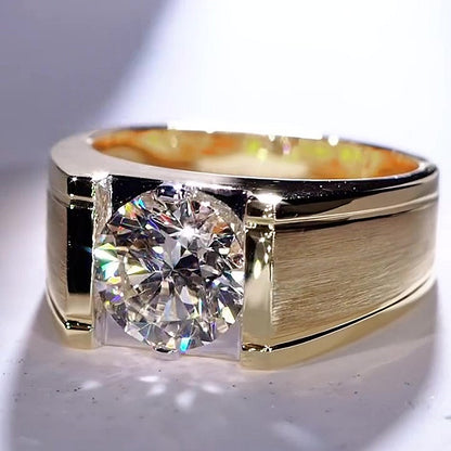 Jzora Handmade Round Brilliant Moissanite Brushed Finish Chunky Wide Gold Tone Men’s Ring