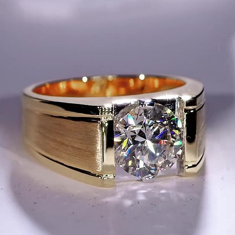 Jzora Handmade Round Brilliant Moissanite Brushed Finish Chunky Wide Gold Tone Men’s Ring