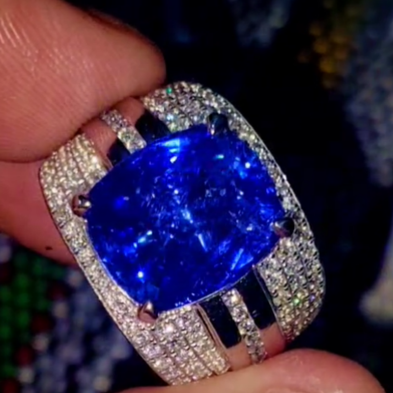 Jzora Handmade Cushion Cut Deep Royal Blue Zircon Men's Wide Pave Halo Luxury Ring