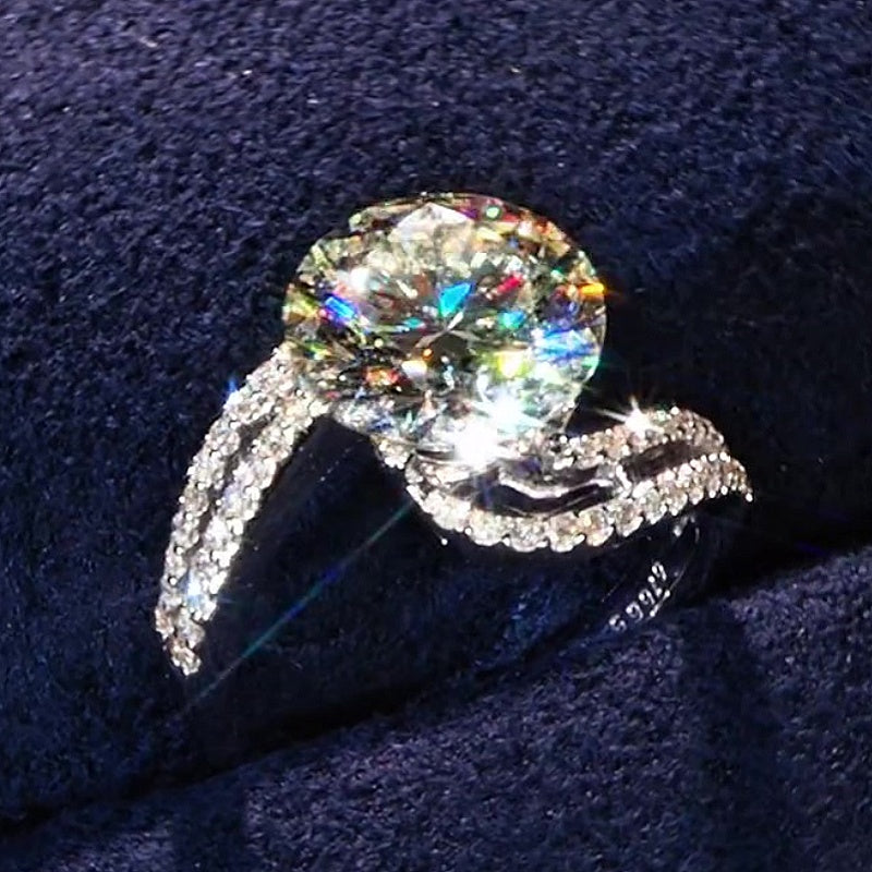 Jzora Handmade Elegant Round Moissanite Pave Twist Split Shank Sterling Silver Ring