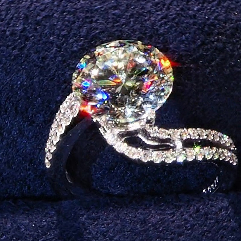 Jzora Handmade Elegant Round Moissanite Pave Twist Split Shank Sterling Silver Ring