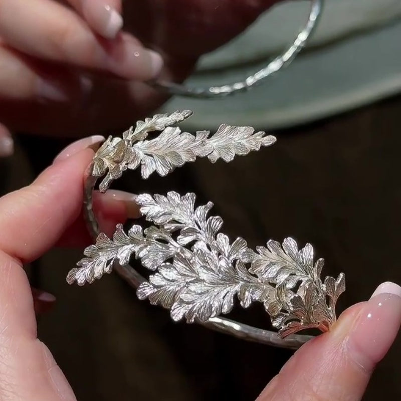 Jzora Handmade Vintage Textured Feather Leaf Open Cuff Women’s Bangle Bracelet