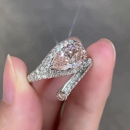 Jzora Handmade Elegant Pear Cut Pink CZ Double Halo Pave Women’s Engagement Ring