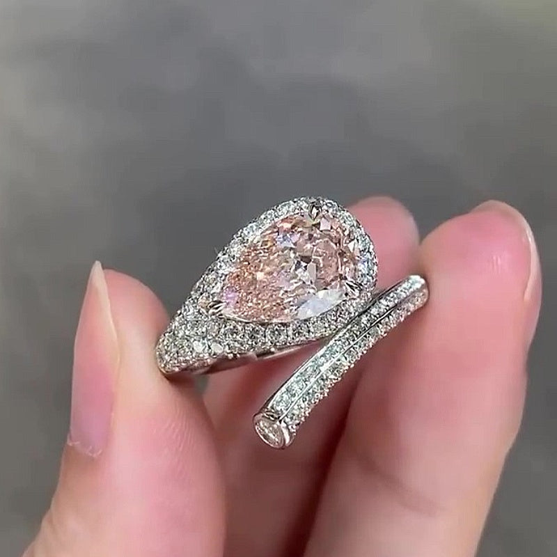 Jzora Handmade Elegant Pear Cut Pink CZ Double Halo Pave Women’s Engagement Ring