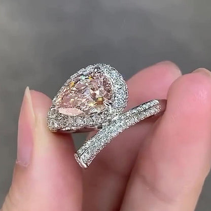 Jzora Handmade Elegant Pear Cut Pink CZ Double Halo Pave Women’s Engagement Ring