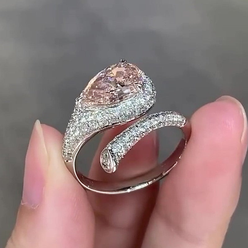 Jzora Handmade Elegant Pear Cut Pink CZ Double Halo Pave Women’s Engagement Ring