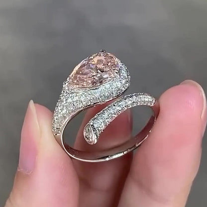 Jzora Handmade Elegant Pear Cut Pink CZ Double Halo Pave Women’s Engagement Ring