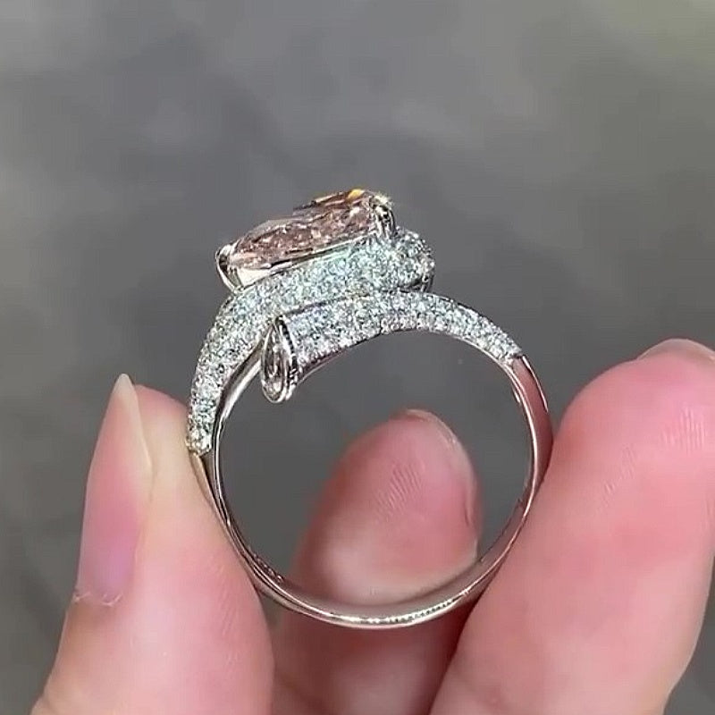 Jzora Handmade Elegant Pear Cut Pink CZ Double Halo Pave Women’s Engagement Ring