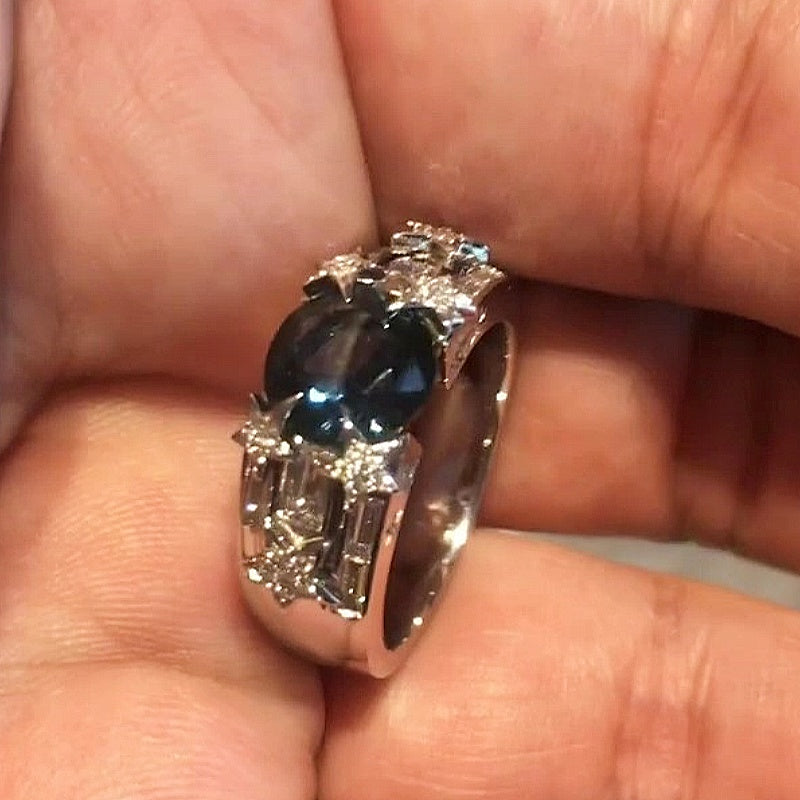 Jzora Handmade Round Cut Blue Sapphire Star‑Shaped Pave Accent Sparkling Fashion Ring