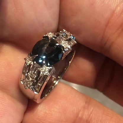 Jzora Handmade Round Cut Blue Sapphire Star‑Shaped Pave Accent Sparkling Fashion Ring