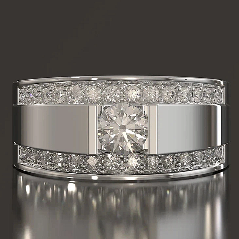 Jzora Handmade Round Moissanite Double Row Pave Milgrain Modern Men’s Wedding Ring