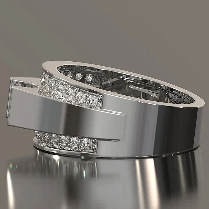 Jzora Handmade Round Moissanite Double Row Pave Milgrain Modern Men’s Wedding Ring